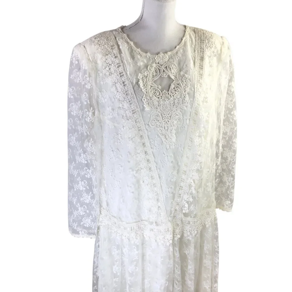 Jessica McClintock Bridal Dress Gown Vintage Lace Drop Waist Size 18W Plus Ivory